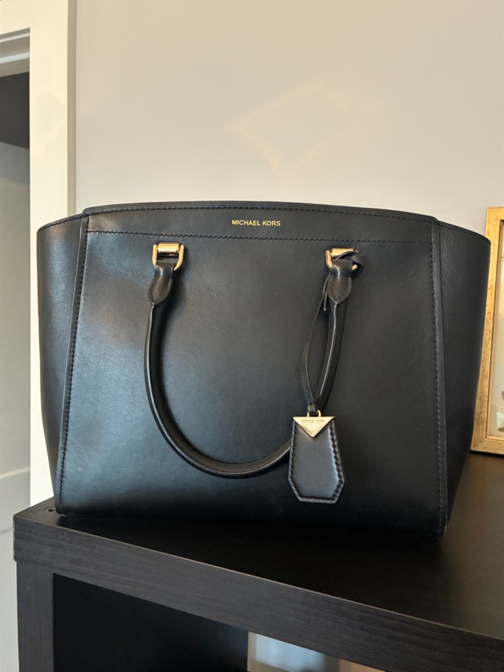 Michael Kors Black Leather Tote with Gold Hardware
